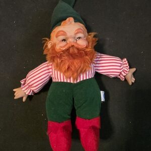 Red-Bearded Elf Doll with Green Hat and Striped Shirt